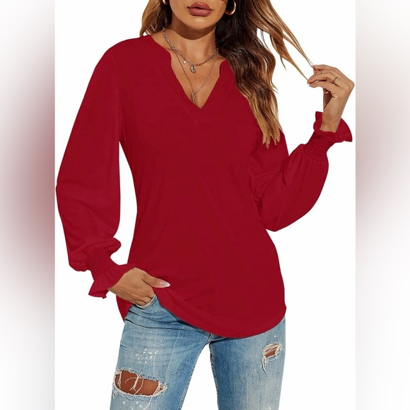 Romanstii Tops - Romanstii Women’s Casual V-Neck Loose Puff Long Sleeve Tunic Top Red XL NWT